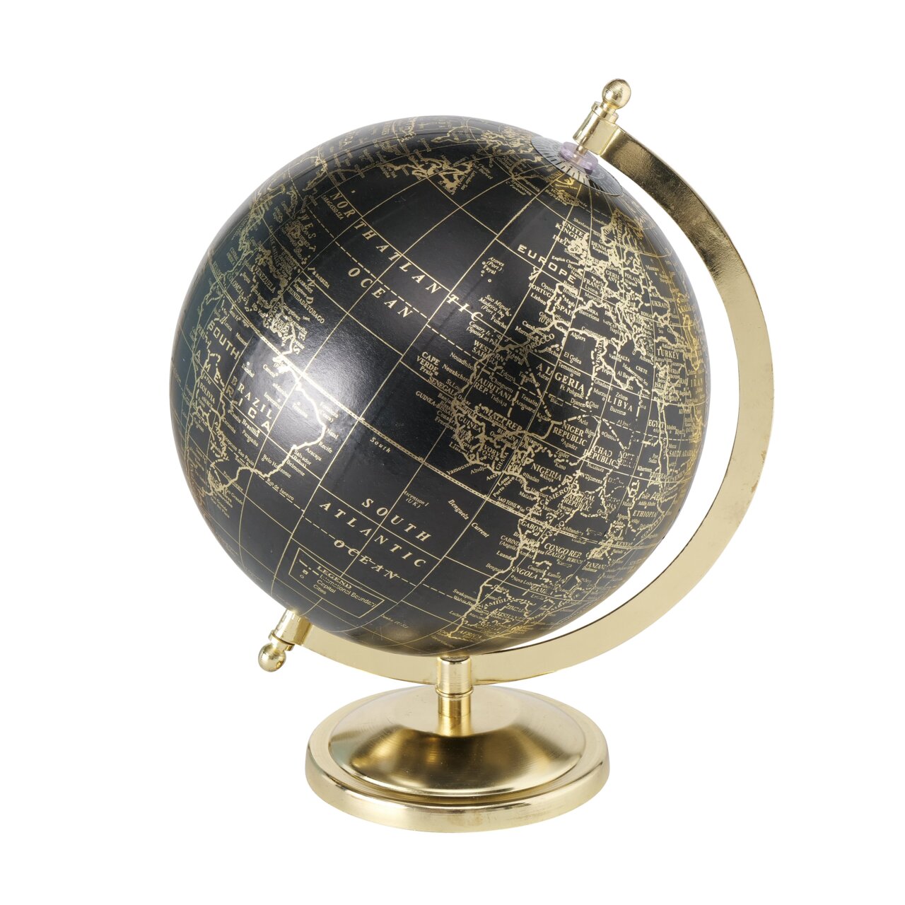 Dekorativer Globus mit schwarzem Hintergrund und goldenen Kontinenten, auf einem goldenen Ständer, seitliche Perspektive.