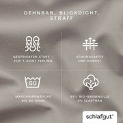 Spannbettlaken aus 95% Bio-Baumwolle und 5% Elasthan, dehnbar, blickdicht und straff, mit gestricktem Stoff für T-Shirt Feeling, atmungsaktiv und robust, maschinenwaschbar bis 60 Grad. Draufsicht.