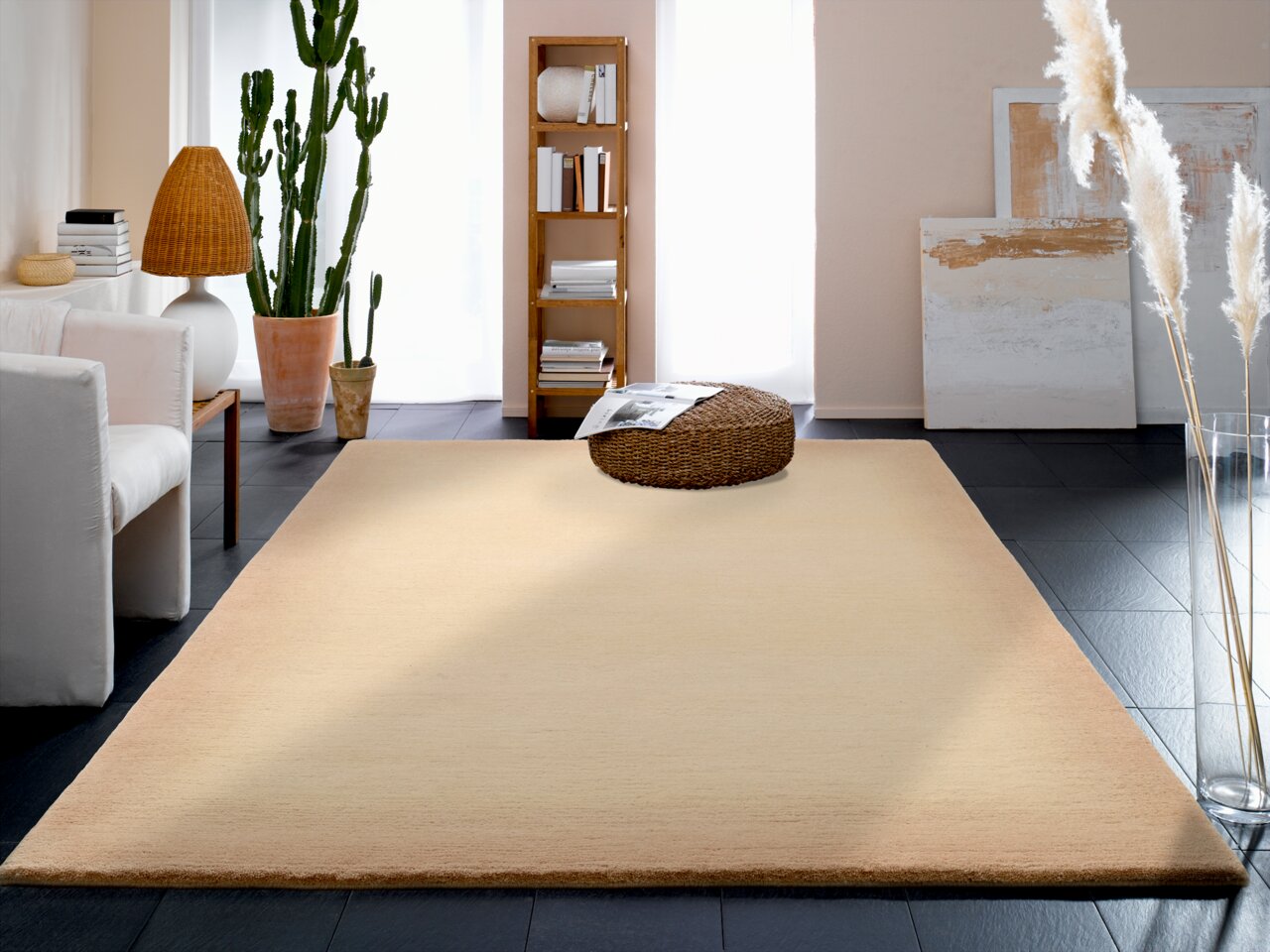 Beige Wollteppich in einem modernen Wohnzimmer mit Pflanzen und Möbeln, aus der Perspektive vom Boden aus gesehen.