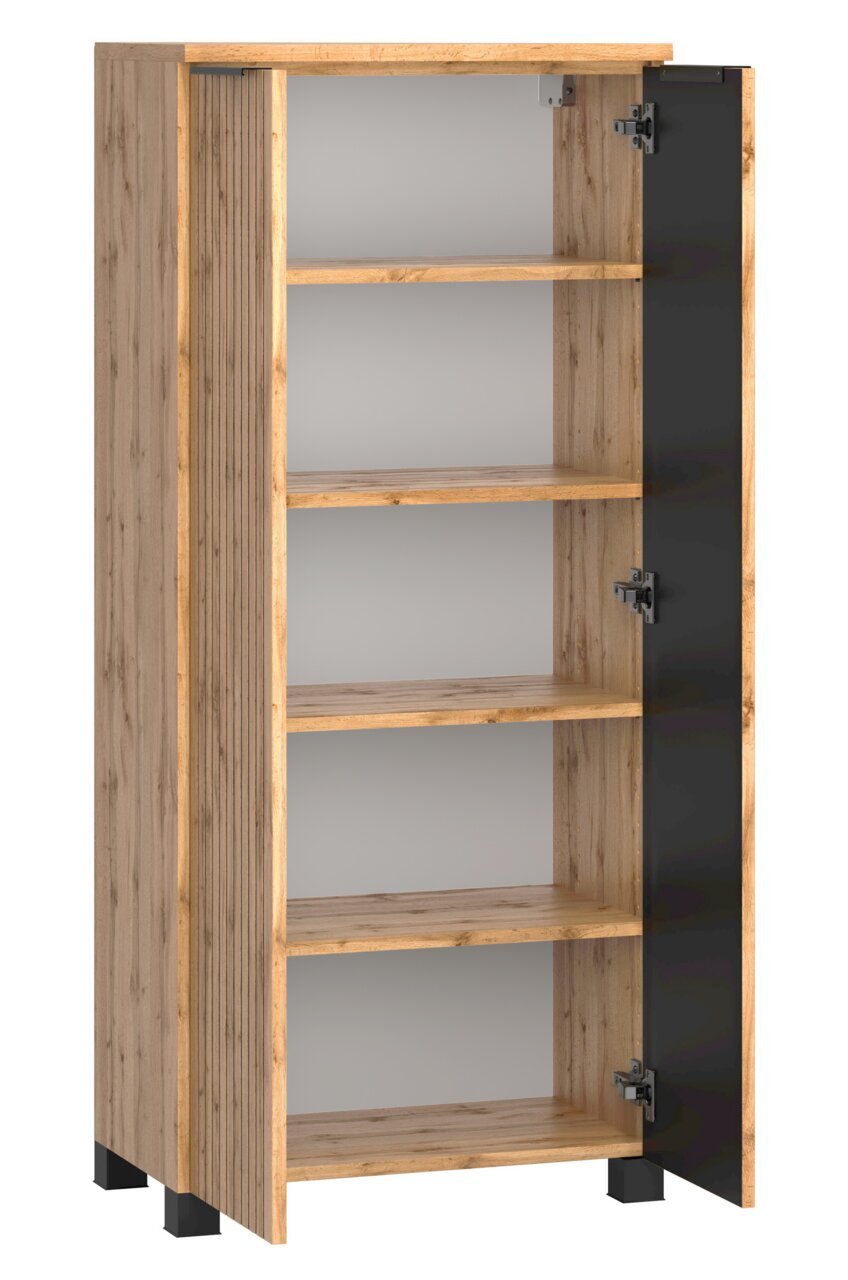 XORA Midikast 60 cm LIVERPOOL Midischrank 60 cm mit Holzoptik und schwarzer Tür, Perspektive von vorne