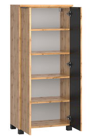 Midischrank 60 cm mit Holzoptik und schwarzer Tür, Perspektive von vorne