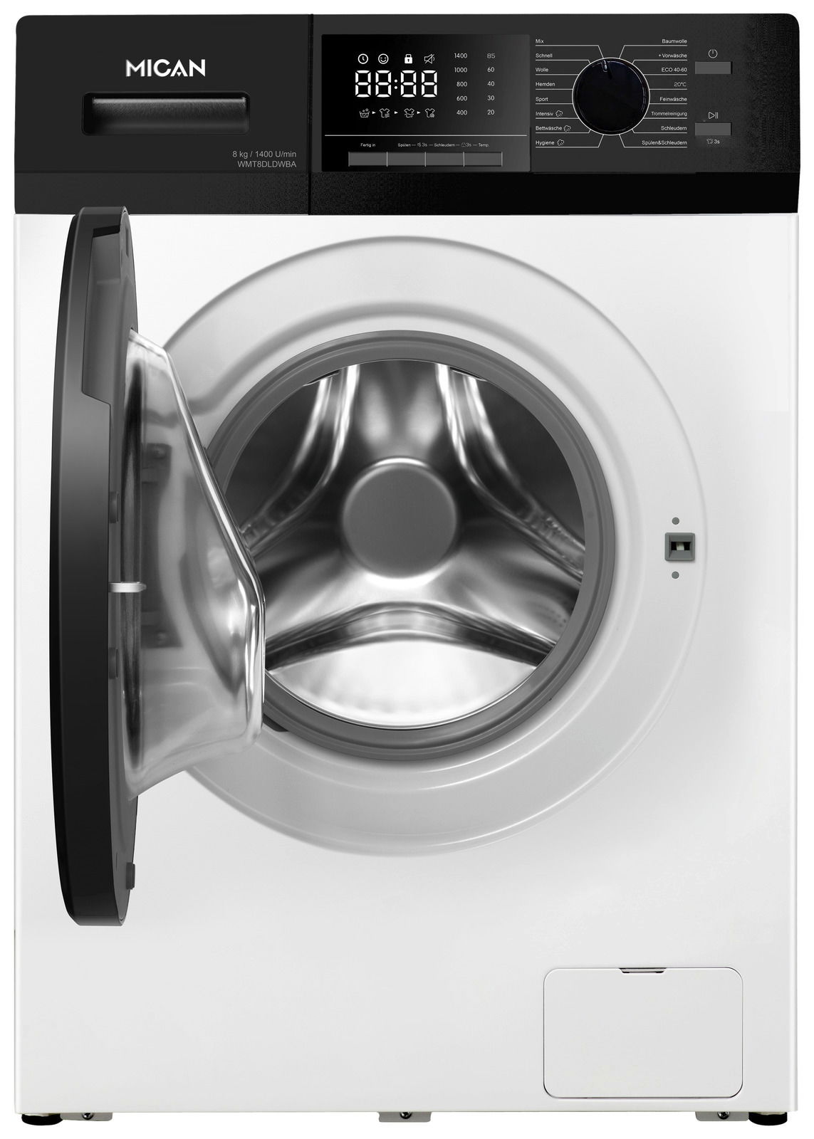 Frontansicht einer modernen Stand-Waschmaschine mit geöffneter Tür und digitalem Display.