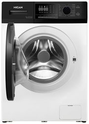 Frontansicht einer modernen Stand-Waschmaschine mit geöffneter Tür und digitalem Display.