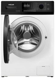 Frontansicht einer modernen Stand-Waschmaschine mit geöffneter Tür und digitalem Display.