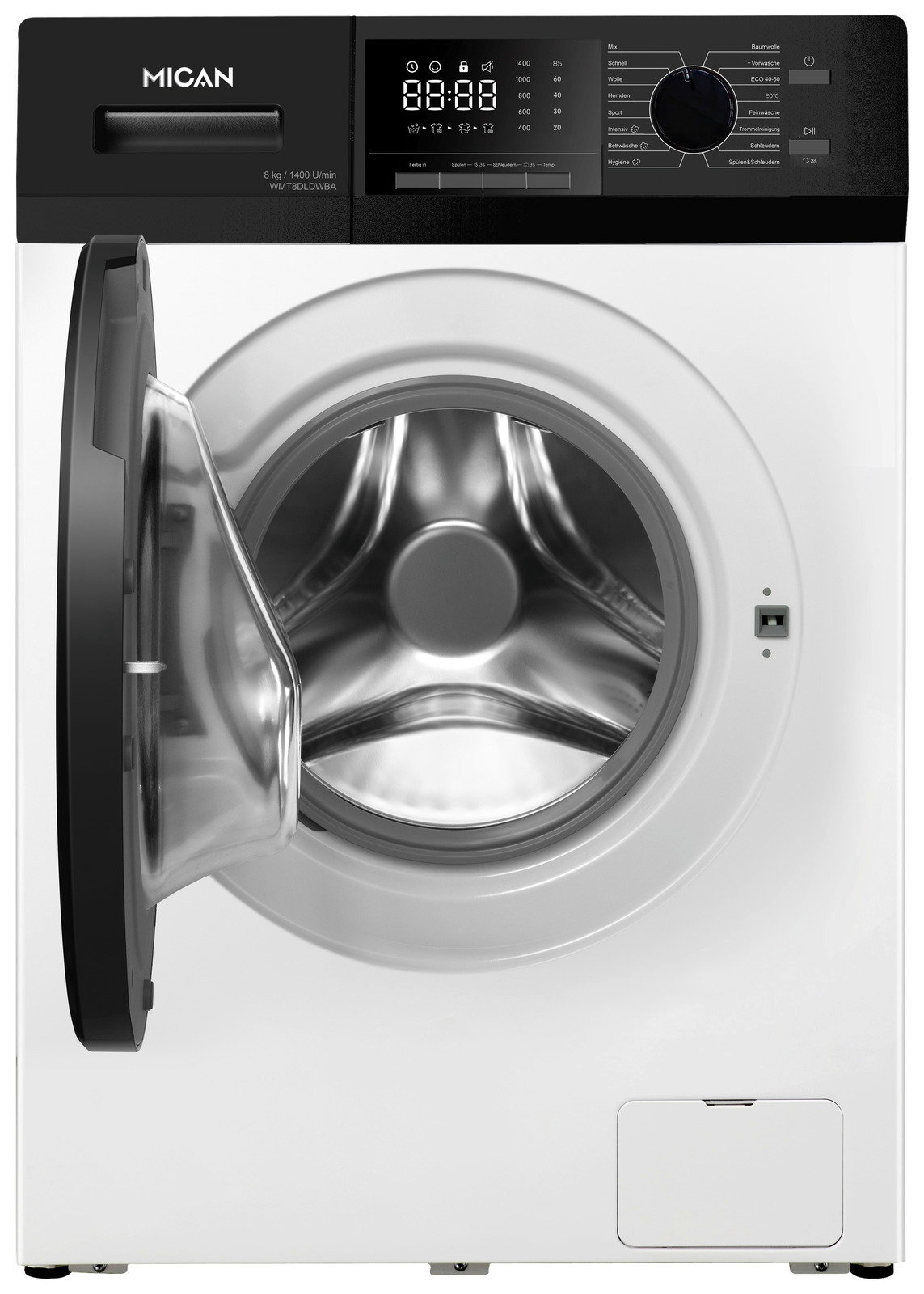 Frontansicht einer modernen Stand-Waschmaschine mit geöffneter Tür und digitalem Display.