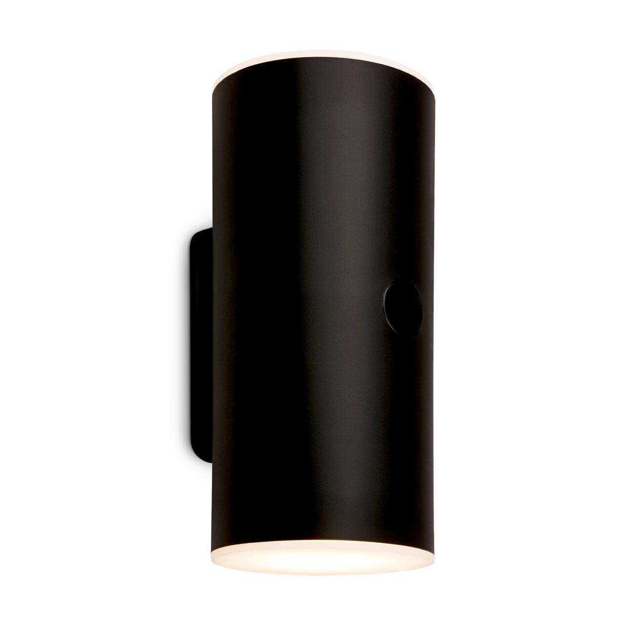 Schwarze zylindrische Akku-Außenwandleuchte von Briloner, seitliche Perspektive