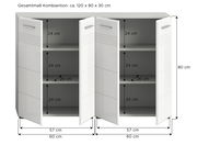 Midischrankkombination in Weiß mit zwei offenen Türen, zeigt Innenregale. Gesamtmaße: ca. 120 x 80 x 30 cm. Frontansicht.