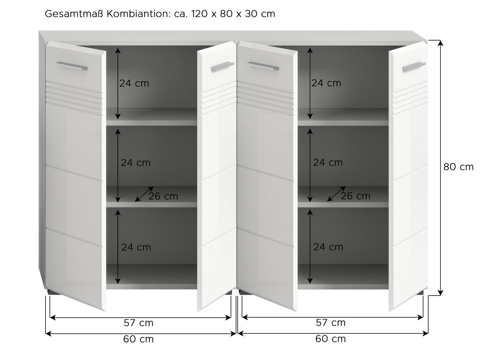Midischrankkombination in Weiß mit zwei offenen Türen, zeigt Innenregale. Gesamtmaße: ca. 120 x 80 x 30 cm. Frontansicht.