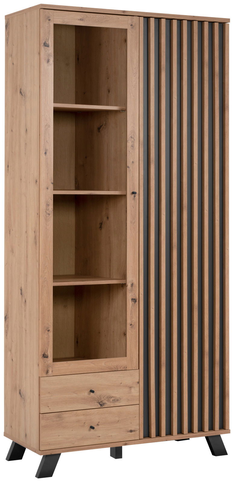 Vitrine aus Holz mit offenen Regalfächern und einer Tür mit vertikalen Streifen, seitliche Perspektive