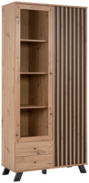 Vitrine aus Holz mit offenen Regalfächern und einer Tür mit vertikalen Streifen, seitliche Perspektive