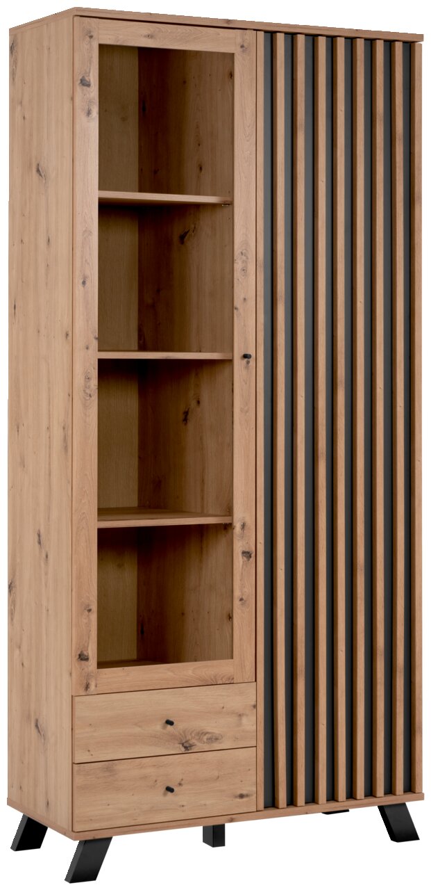 Vitrine aus Holz mit offenen Regalfächern und einer Tür mit vertikalen Streifen, seitliche Perspektive