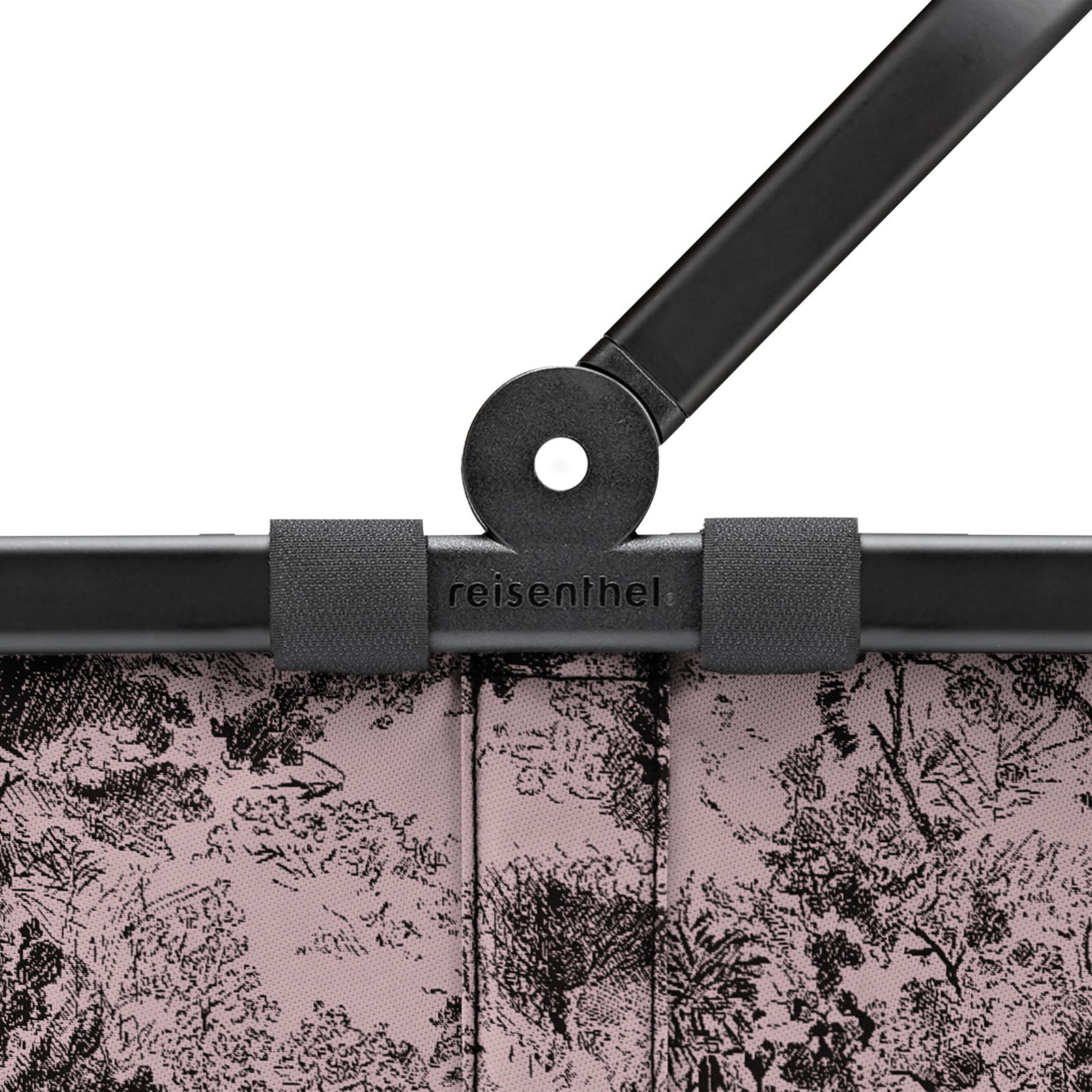 Nahaufnahme eines Reisenthel carrybag mit floralem Muster und schwarzem Griff.