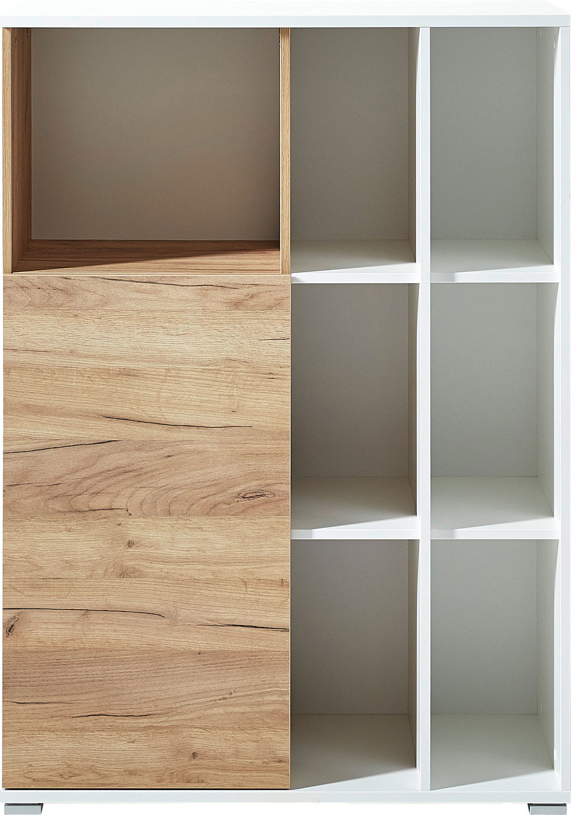 Aktenschrank mit Holz- und Weißelementen, Frontansicht