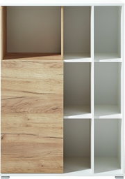 Aktenschrank mit Holz- und Weißelementen, Frontansicht