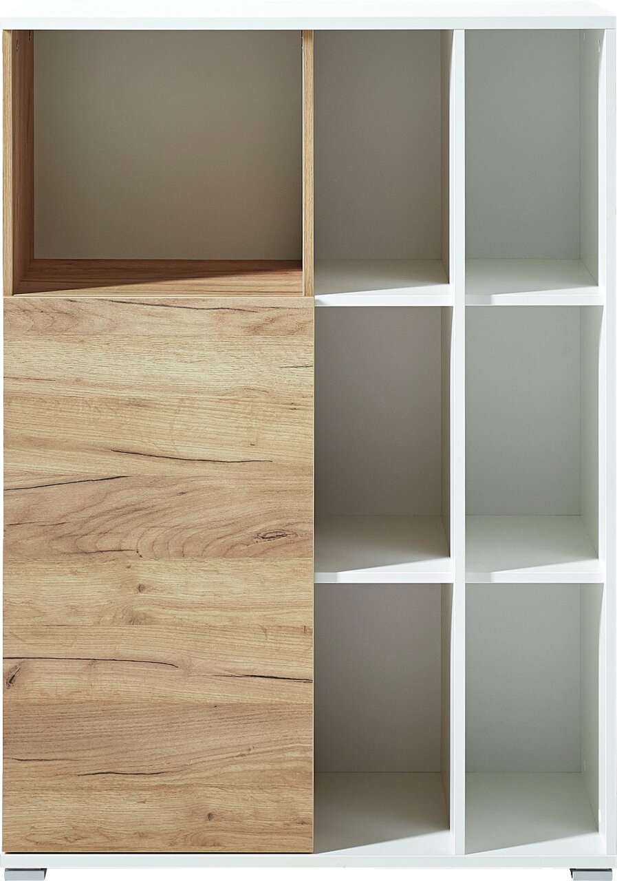 Aktenschrank mit Holz- und Weißelementen, Frontansicht