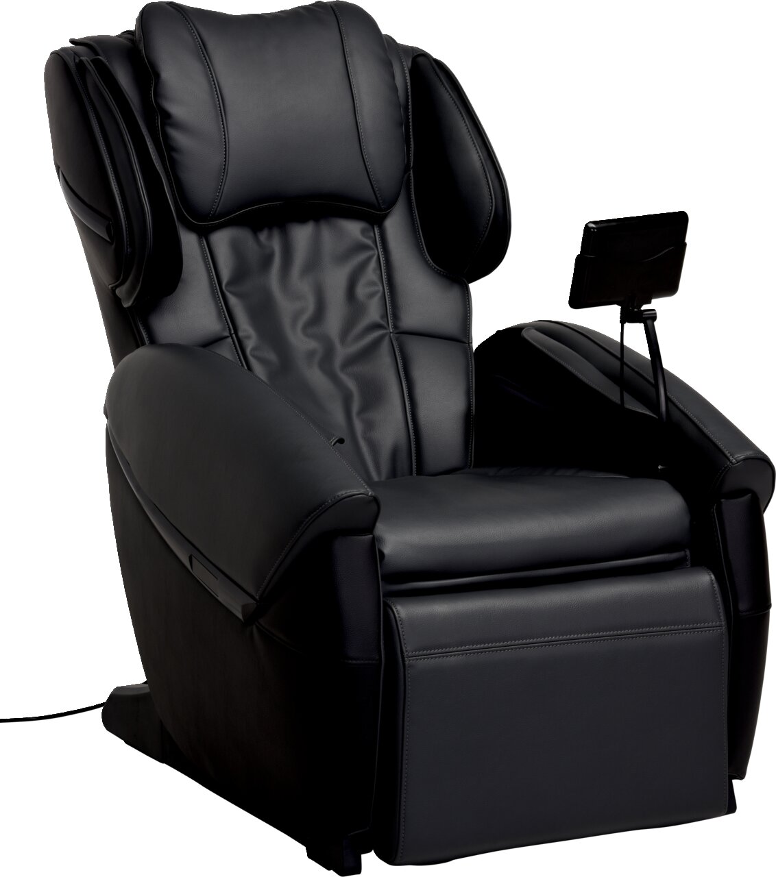 Schwarzer Massagesessel mit Tablet-Halterung, seitliche Perspektive