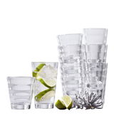 Becherset Wave 12-tlg. aus klarem Glas, gestapelt und einzeln, mit Limettenscheiben und Eiswürfeln, seitliche Perspektive