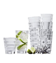 Becherset Wave 12-tlg. aus klarem Glas, gestapelt und einzeln, mit Limettenscheiben und Eiswürfeln, seitliche Perspektive