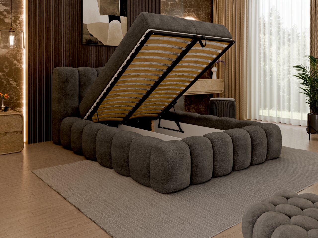 Grijs boxspringbed met opklapbaar matras, zijaanzicht, modern slaapkamerontwerp