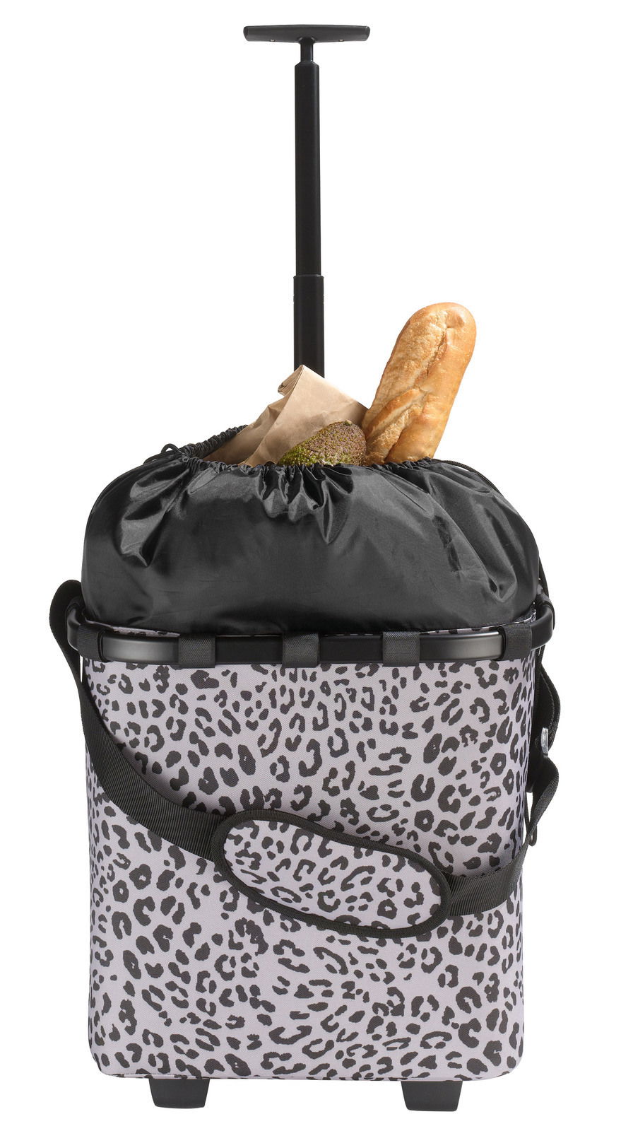 Einkaufstrolley mit Leopardenmuster, gefüllt mit Lebensmitteln, aus frontaler Perspektive