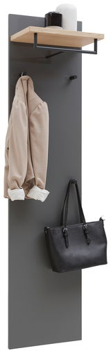 Garderobenpaneel in modernem Design mit grauer Rückwand, Holzablage und schwarzen Haken, frontal abgebildet.