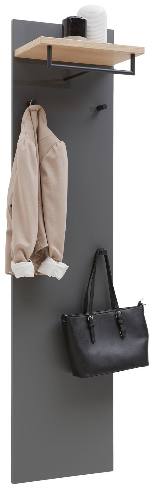 Garderobenpaneel in modernem Design mit grauer Rückwand, Holzablage und schwarzen Haken, frontal abgebildet.