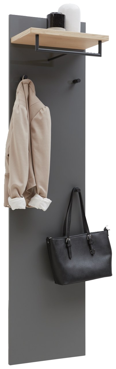 Dieter Knoll Garderobenpaneel SORRENT Garderobenpaneel in modernem Design mit grauer Rückwand, Holzablage und schwarzen Haken, frontal abgebildet.