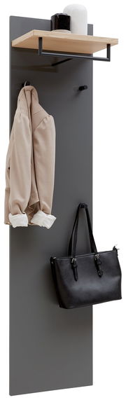 Garderobenpaneel in modernem Design mit grauer Rückwand, Holzablage und schwarzen Haken, frontal abgebildet.