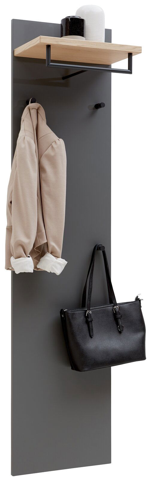 Garderobenpaneel in modernem Design mit grauer Rückwand, Holzablage und schwarzen Haken, frontal abgebildet.