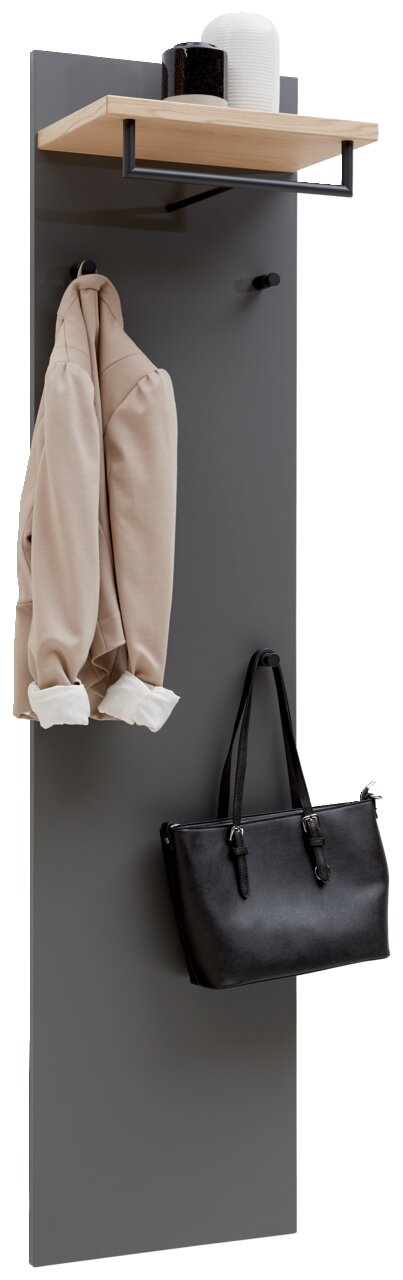 Dieter Knoll Garderobenpaneel SORRENT Garderobenpaneel in modernem Design mit grauer Rückwand, Holzablage und schwarzen Haken, frontal abgebildet.