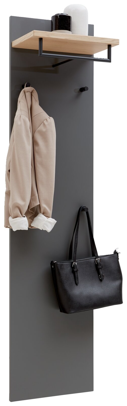 Dieter Knoll Garderobenpaneel SORRENT Garderobenpaneel in modernem Design mit grauer Rückwand, Holzablage und schwarzen Haken, frontal abgebildet.