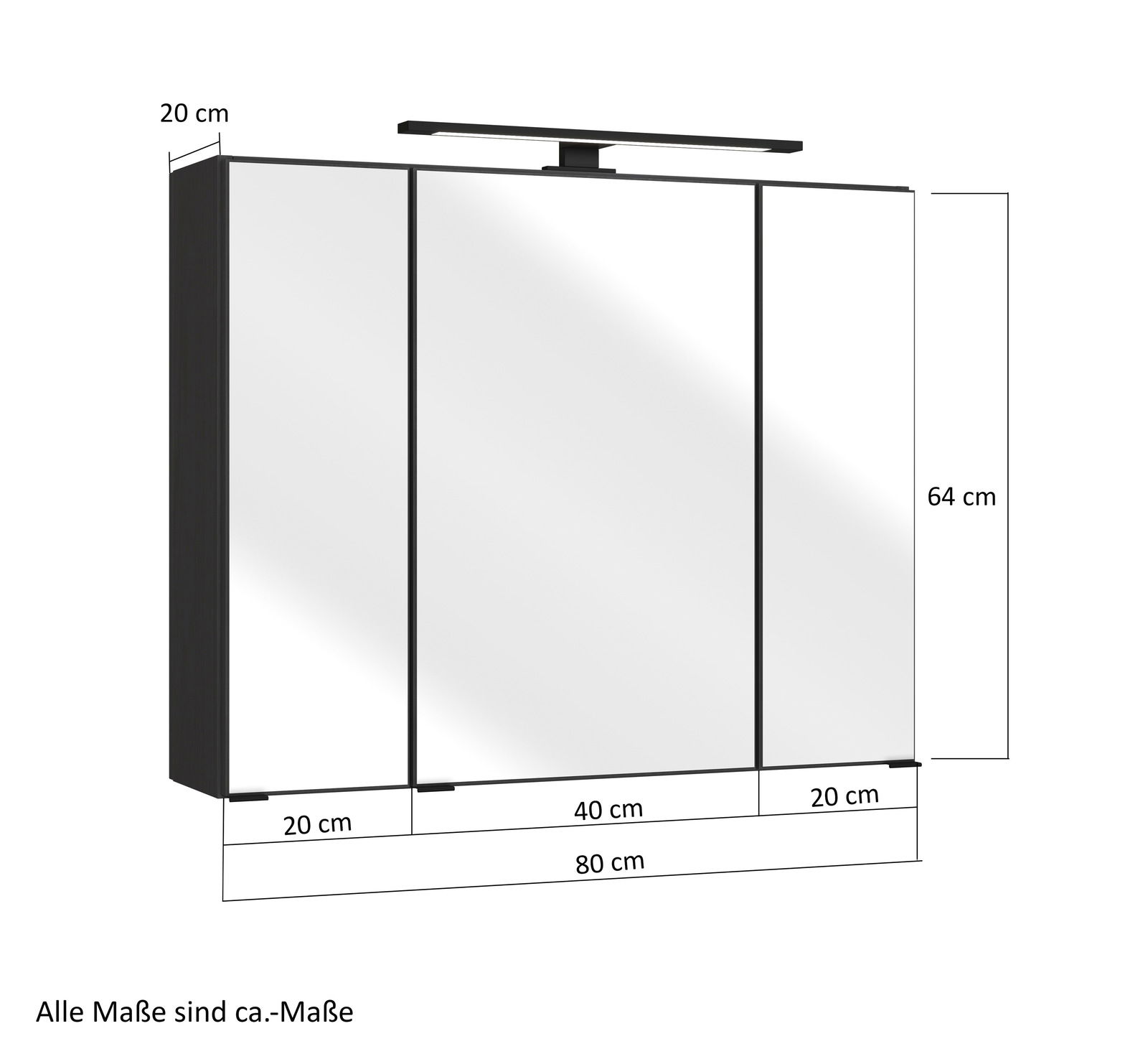 Spiegelschrank mit drei Türen, LED-Beleuchtung oben, Maße 80 cm Breite, 64 cm Höhe, 20 cm Tiefe, Frontansicht
