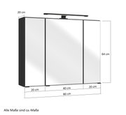Spiegelschrank mit drei Türen, LED-Beleuchtung oben, Maße 80 cm Breite, 64 cm Höhe, 20 cm Tiefe, Frontansicht
