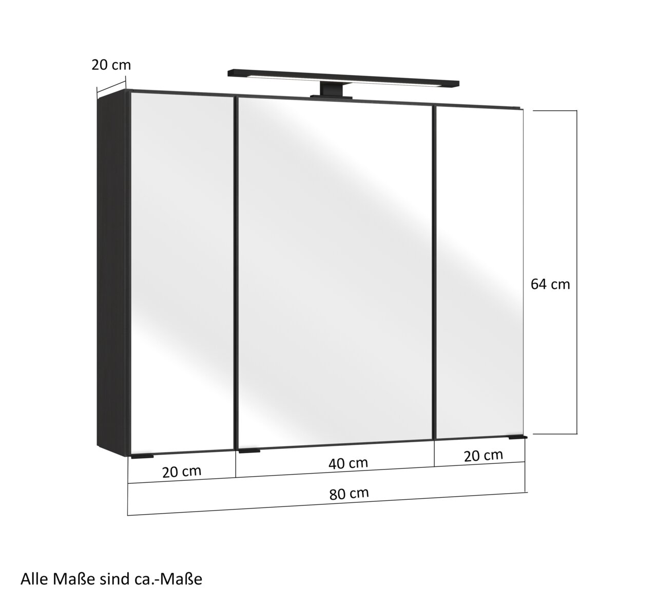 Spiegelschrank mit drei Türen, LED-Beleuchtung oben, Maße 80 cm Breite, 64 cm Höhe, 20 cm Tiefe, Frontansicht