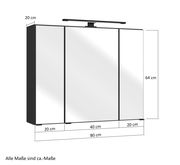 Spiegelschrank mit drei Türen, LED-Beleuchtung oben, Maße 80 cm Breite, 64 cm Höhe, 20 cm Tiefe, Frontansicht