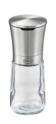 Gewürzmühle aus Edelstahl und Glas, frontal abgebildet