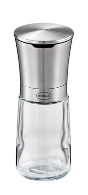 Gewürzmühle aus Edelstahl und Glas, frontal abgebildet