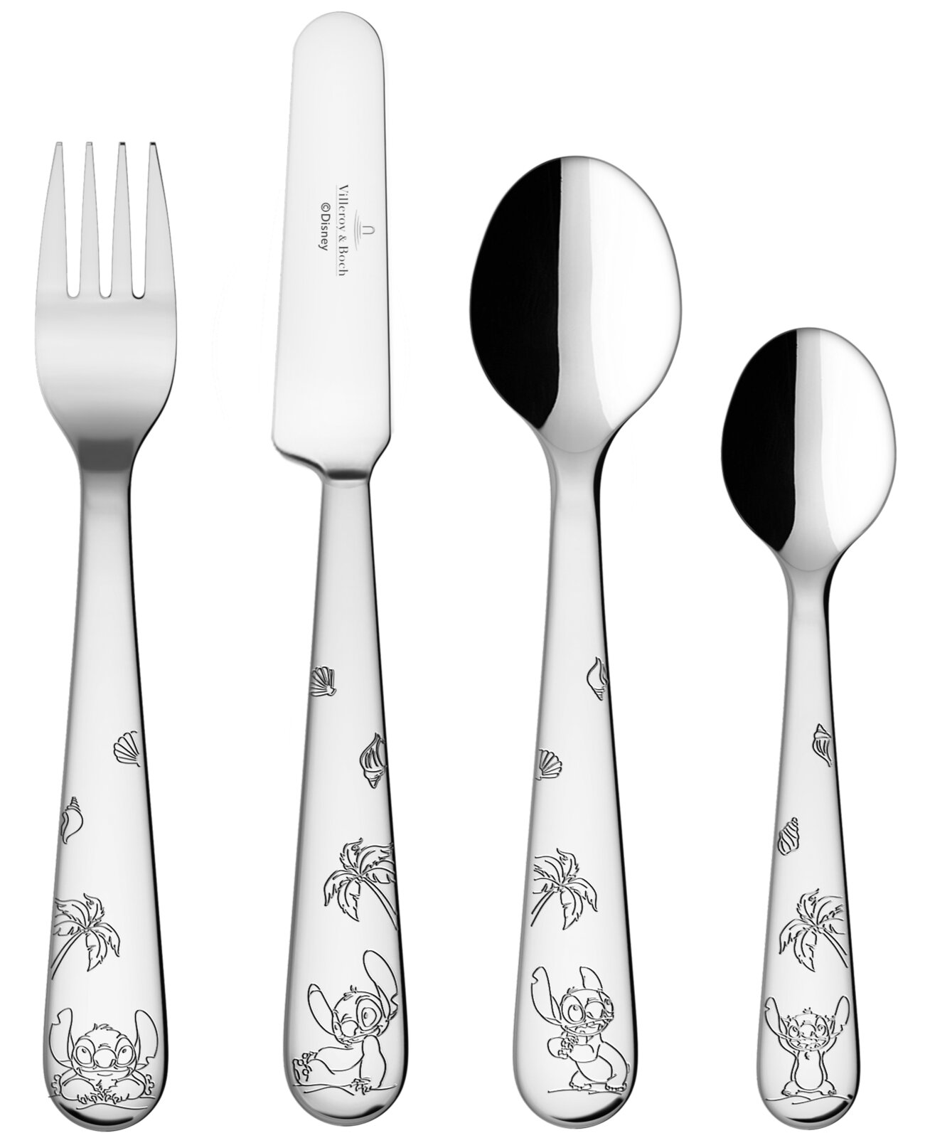 Kinderbesteck-Set aus poliertem Edelstahl mit Gabel, Messer und zwei Löffeln, Griffe mit Disney Stitch und tropischen Motiven, freigestellt auf schwarzem Hintergrund, Frontansicht von oben