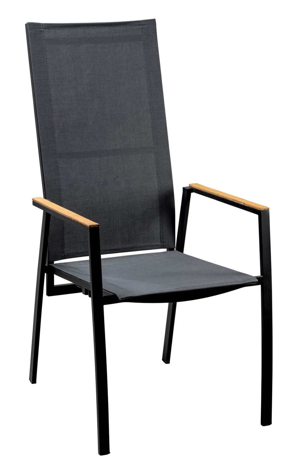 Amatio Tuinstoel CHUR Moderne tuinstoel met zwart metalen frame, grijze textileen zitting en rugleuning en houten armleuningen, schuin van voren gefotografeerd op witte achtergrond