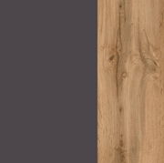 Detailansicht einer Eck-Küchenzeile mit dunkler Oberfläche und Holzoptik.