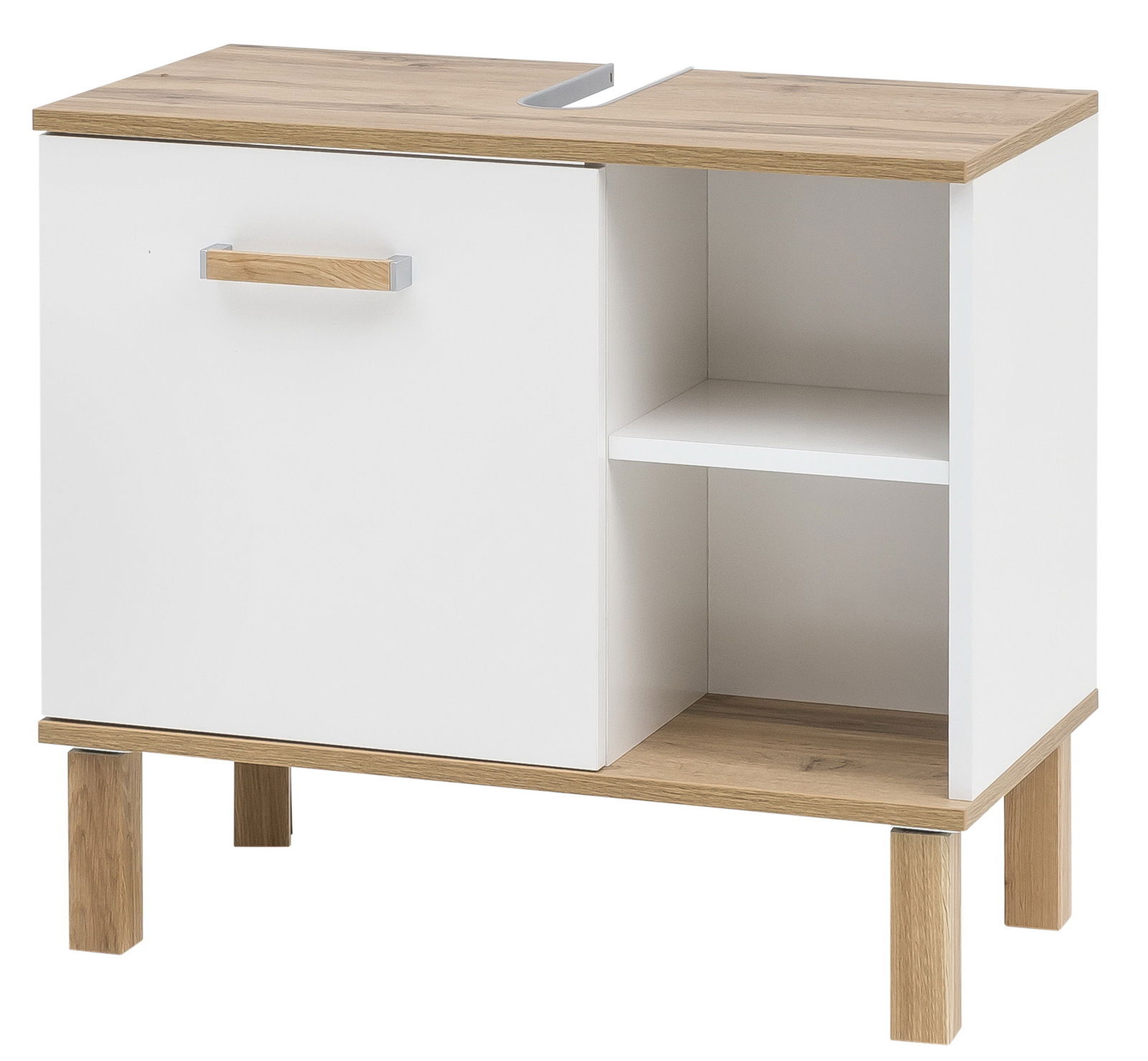 Moderner Waschbeckenunterschrank in Weiß mit Holzdetails, frontal abgebildet. Links eine Tür mit Griff, rechts offenes Fach mit Regalboden.