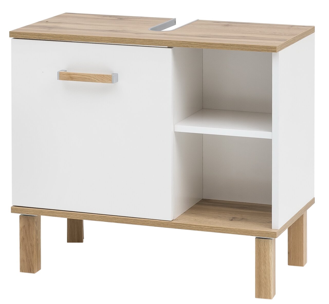 Moderner Waschbeckenunterschrank in Weiß mit Holzdetails, frontal abgebildet. Links eine Tür mit Griff, rechts offenes Fach mit Regalboden.