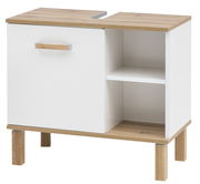 Moderner Waschbeckenunterschrank in Weiß mit Holzdetails, frontal abgebildet. Links eine Tür mit Griff, rechts offenes Fach mit Regalboden.