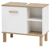 Moderne wastafelonderkast in wit met houten details, hier van voren afgebeeld. Links een deur met handgreep, rechts een open vak met een legplank.