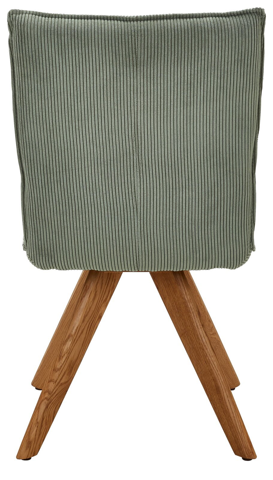 Rückansicht eines Stuhls mit grünem, geripptem Stoffbezug und Holzbeinen.