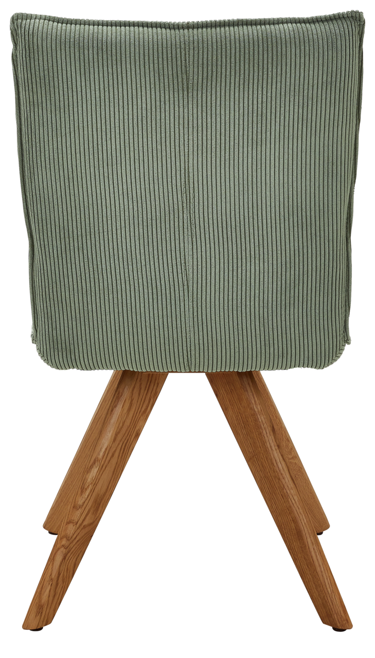 Johann Jakob Stuhl CALAS Rückansicht eines Stuhls mit grünem, geripptem Stoffbezug und Holzbeinen.