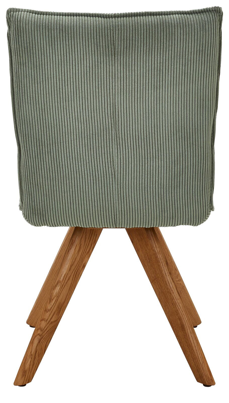 Johann Jakob Stuhl CALAS Rückansicht eines Stuhls mit grünem, geripptem Stoffbezug und Holzbeinen.