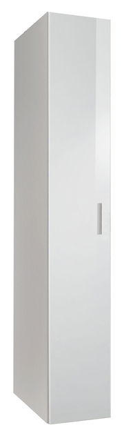 Weißer, schmaler Kleiderschrank mit einer Tür, seitliche Perspektive