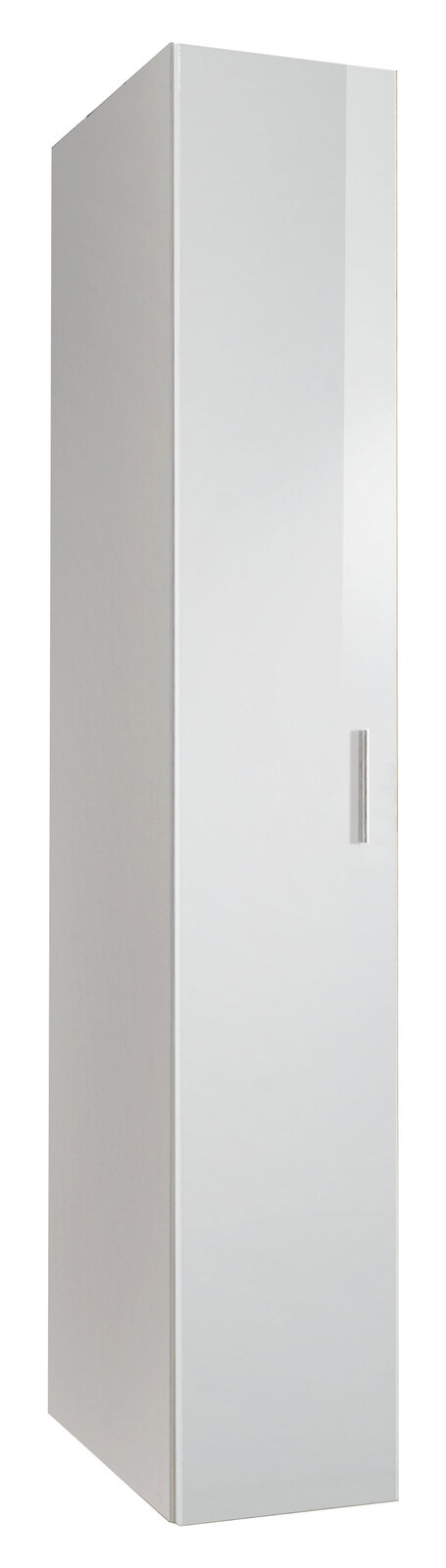 Weißer, schmaler Kleiderschrank mit einer Tür, seitliche Perspektive