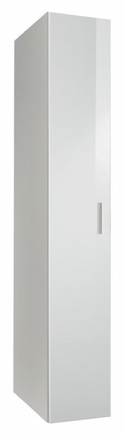 Weißer, schmaler Kleiderschrank mit einer Tür, seitliche Perspektive